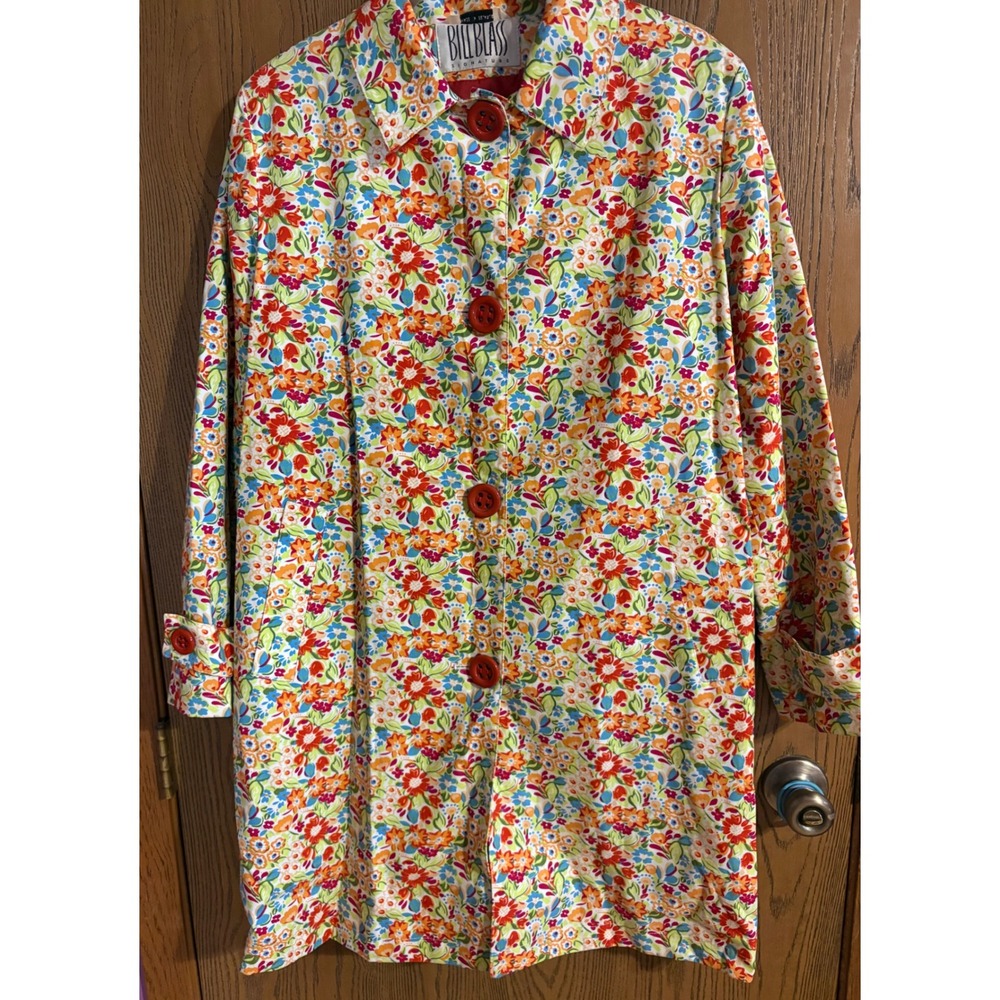 VTG 90s Bill Blass Signature Multicolor Floral Cotton Trench Coat Pockets Sz M?